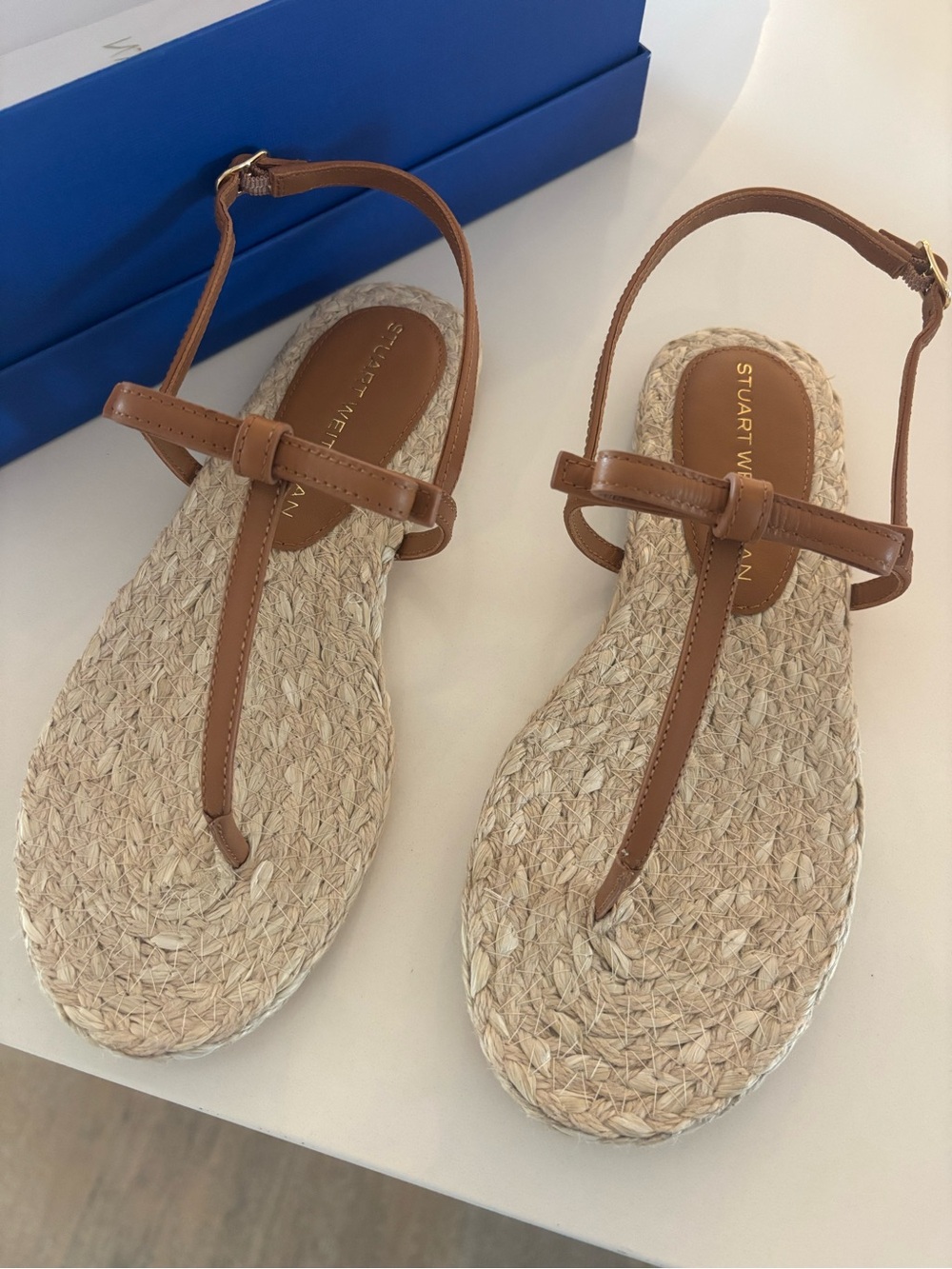 Stuart Weitzman Brown Leather T‑Strap Espadrille Sandals